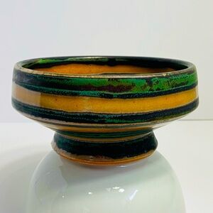 Peter Karner Hand Thrown Stoneware Pottery Stacking Bowl Green/Orange Stripe